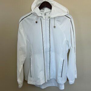 NWT Chico's Zenergy Women's Hooded Jacket White Full Zip Silver Design Size 12